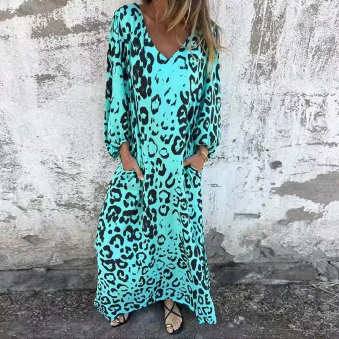 Aria | Plus Size Maxi Dress V-Neck Long Sleeve Leopard Print Casual