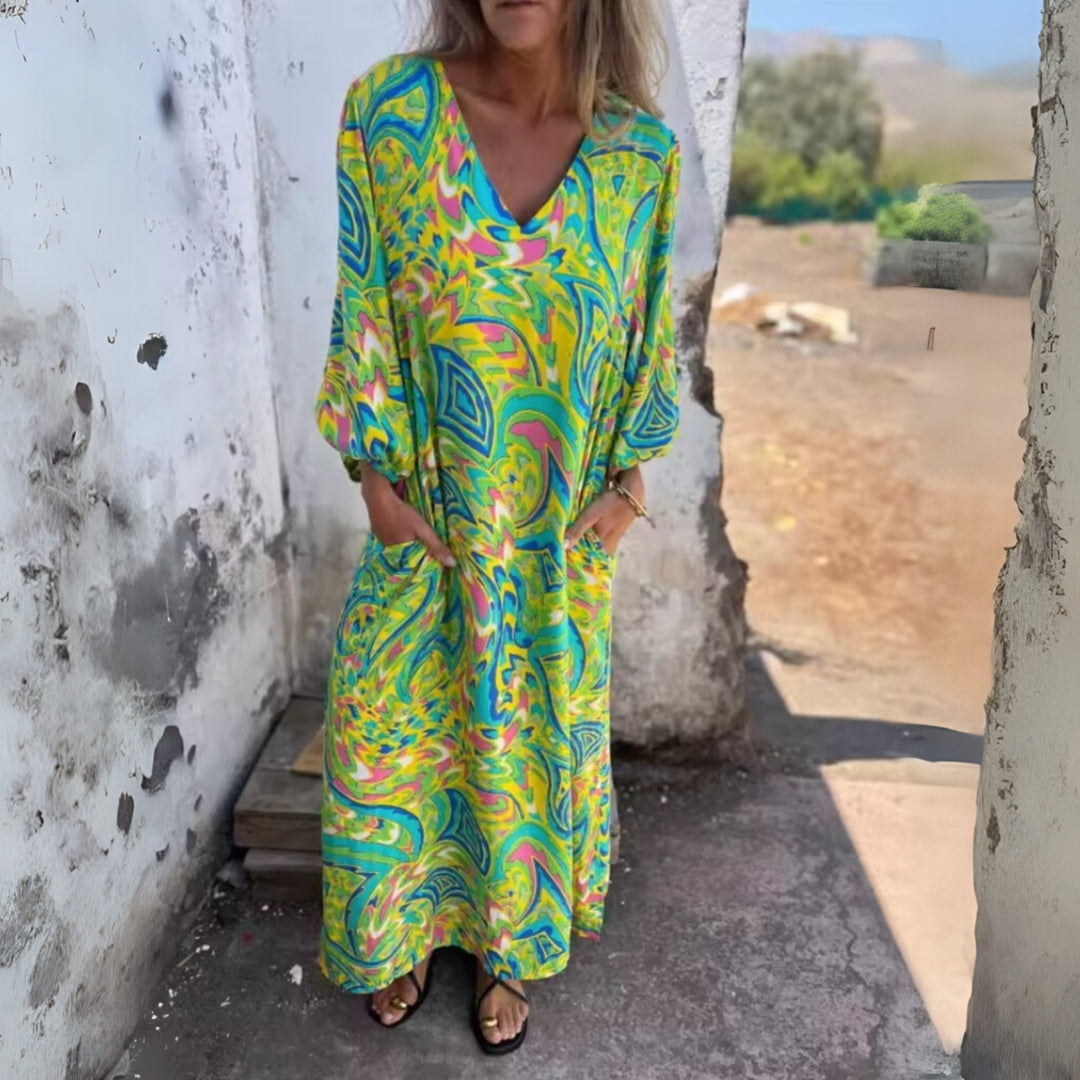 Aria | Plus Size Maxi Dress V-Neck Long Sleeve Leopard Print Casual