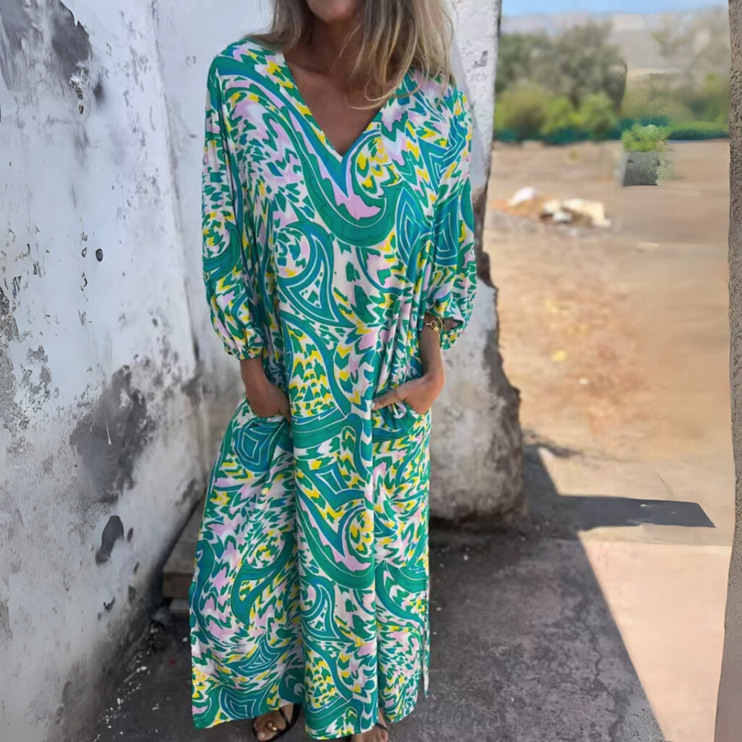 Aria | Plus Size Maxi Dress V-Neck Long Sleeve Leopard Print Casual