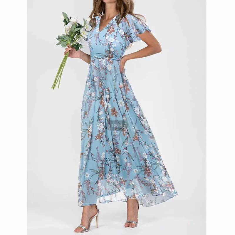 Robe Maxi avec Manches en Papillon et Motif Floral