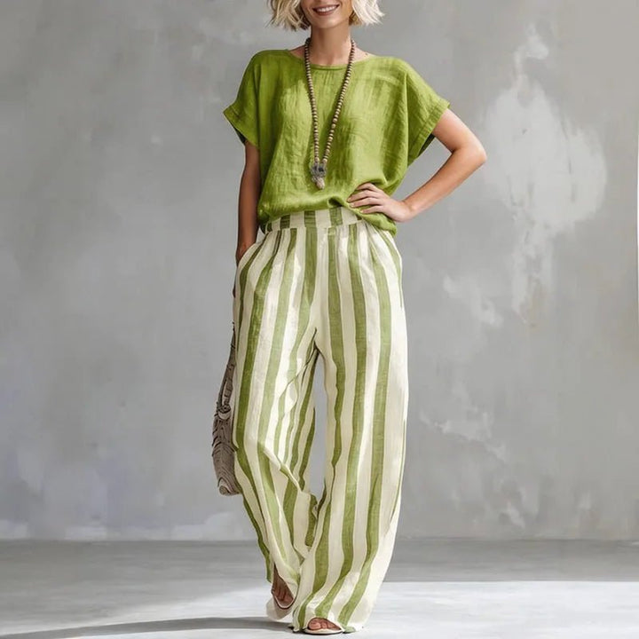 Isabella | Two Piece Linen Set Wide Leg Pants Short Sleeve Top