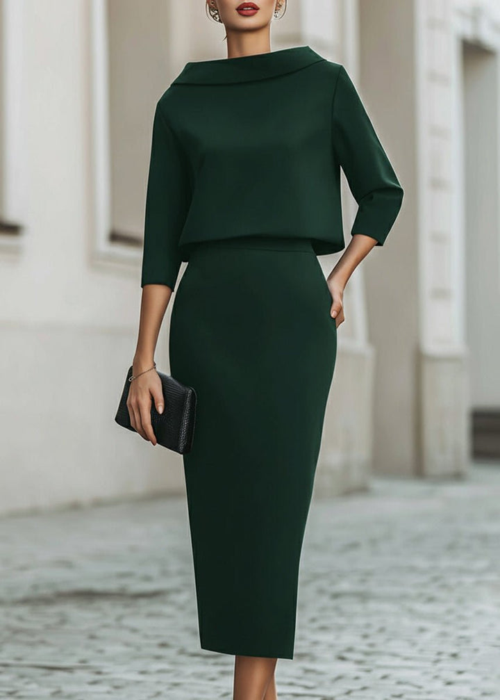 Evelyn | Two Piece Set Boat Neck Top Midi Skirt 3/4 Sleeve Crepe