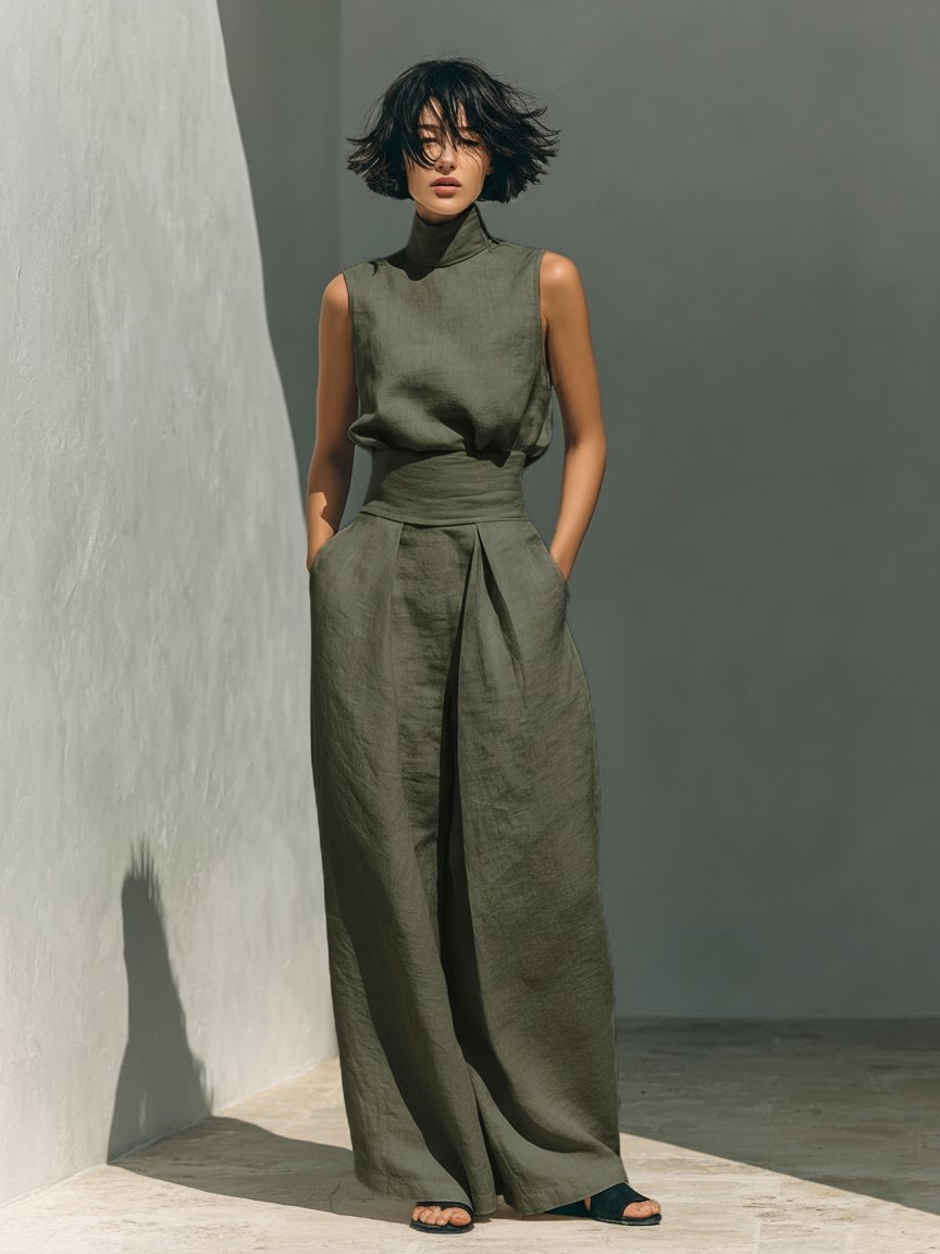 Emma | Two Piece Set Sleeveless Top Wide Leg Pants Linen