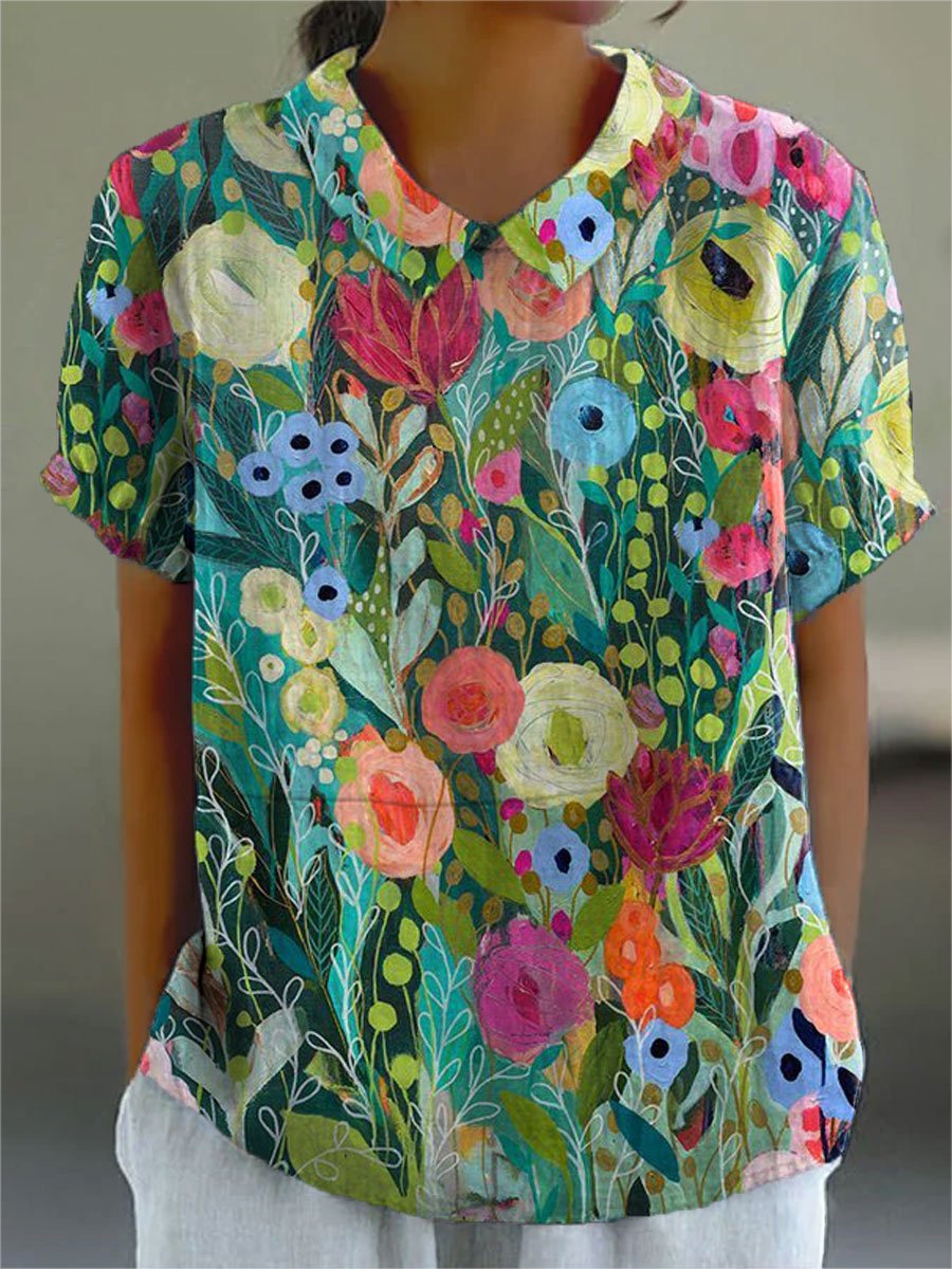 Eleanor | Watercolor Floral Blouse Short Sleeve V-Neck