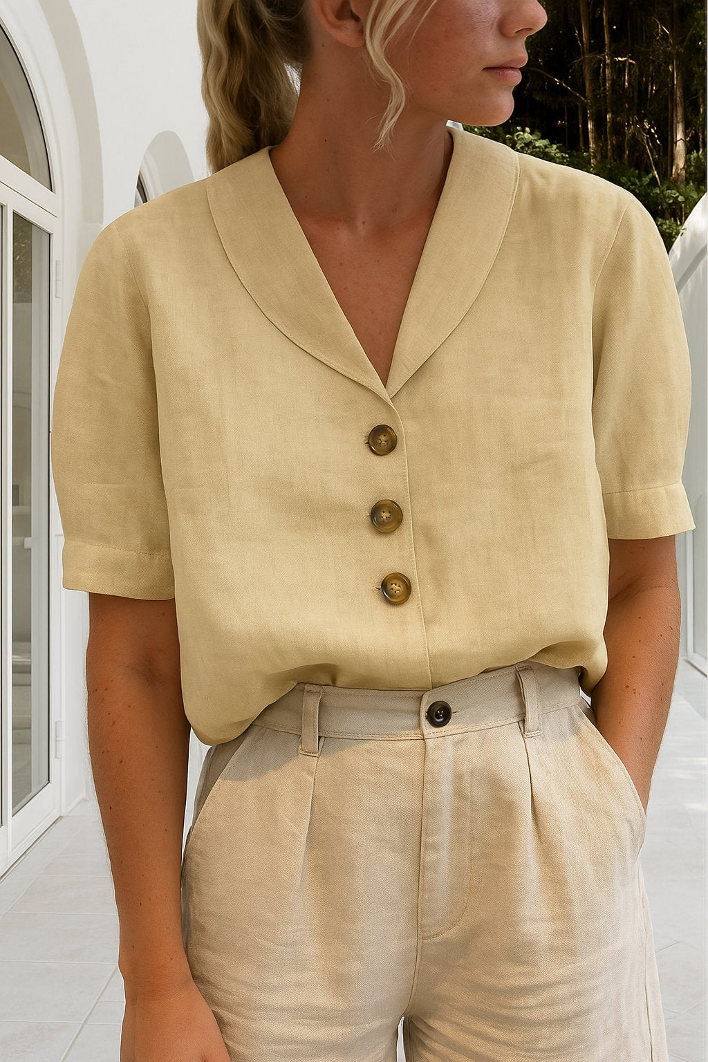 Harper | Women's Button-Front Blouse Short Sleeve V-Neck Top