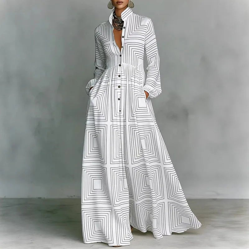 Sophia | Women's High-Waist Geometric Print Long-Sleeve Shirt Dress