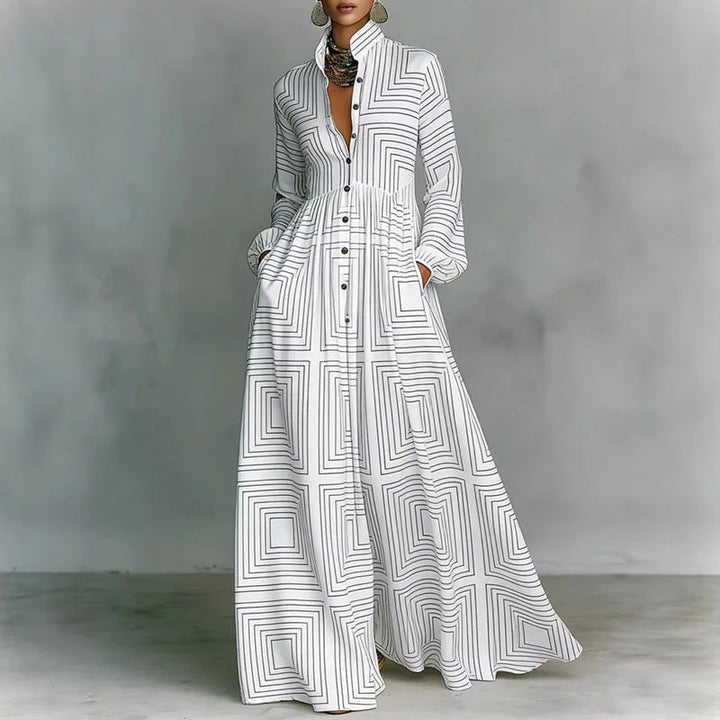 Sophia | Women's High-Waist Geometric Print Long-Sleeve Shirt Dress