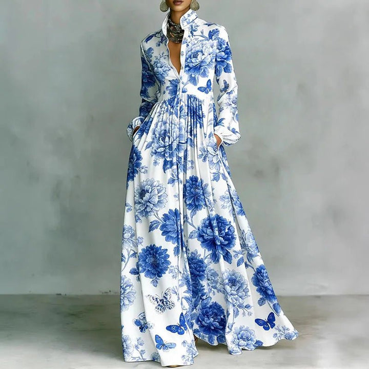 Sophia | Women's High-Waist Geometric Print Long-Sleeve Shirt Dress