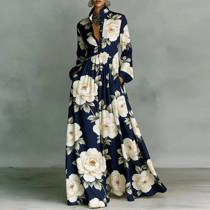 Sophia | Women's High-Waist Geometric Print Long-Sleeve Shirt Dress