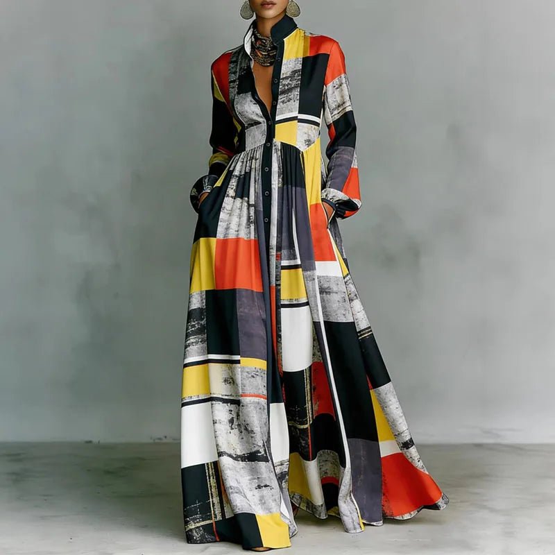 Sophia | Women's High-Waist Geometric Print Long-Sleeve Shirt Dress