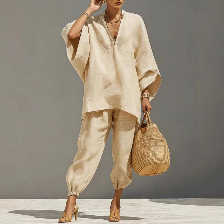 Evelyn | Women's Linen Matching Set Batwing Top Tapered Pants