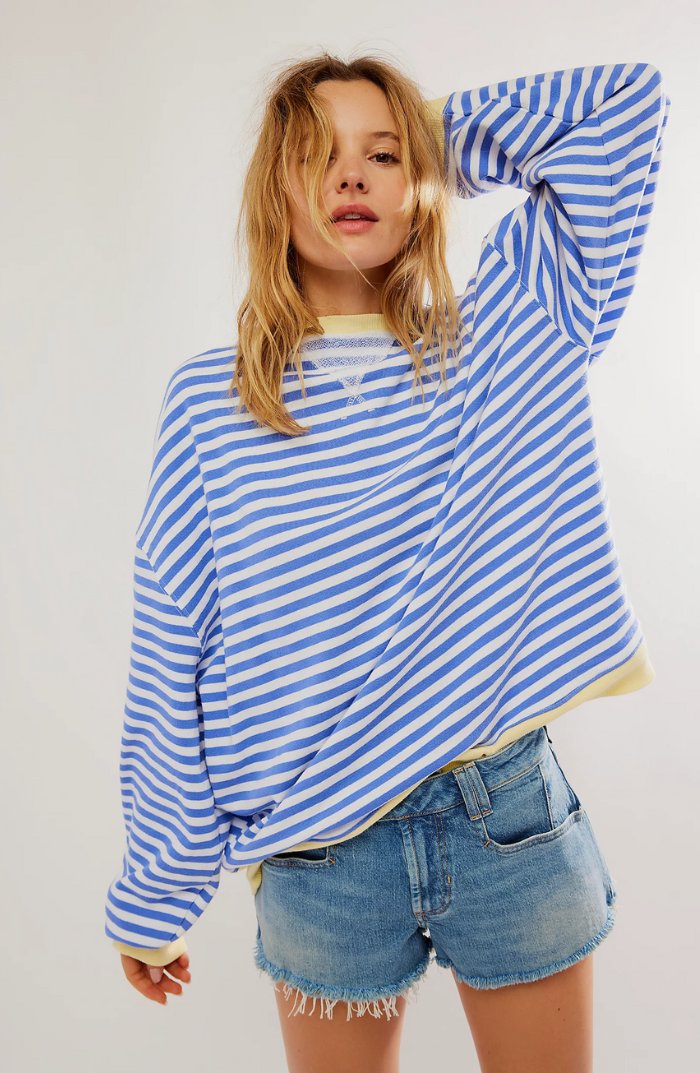 Victoria | Women's Oversized Drop-Shoulder Striped Contrast-Trim Sweatshirt