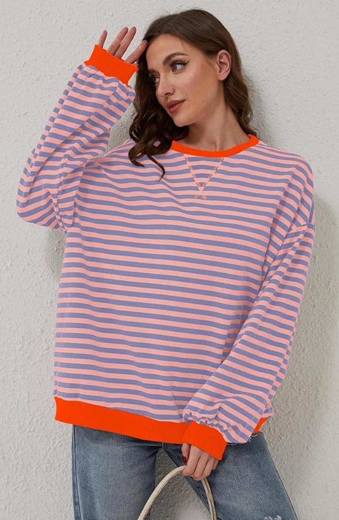 Victoria | Women's Oversized Drop-Shoulder Striped Contrast-Trim Sweatshirt