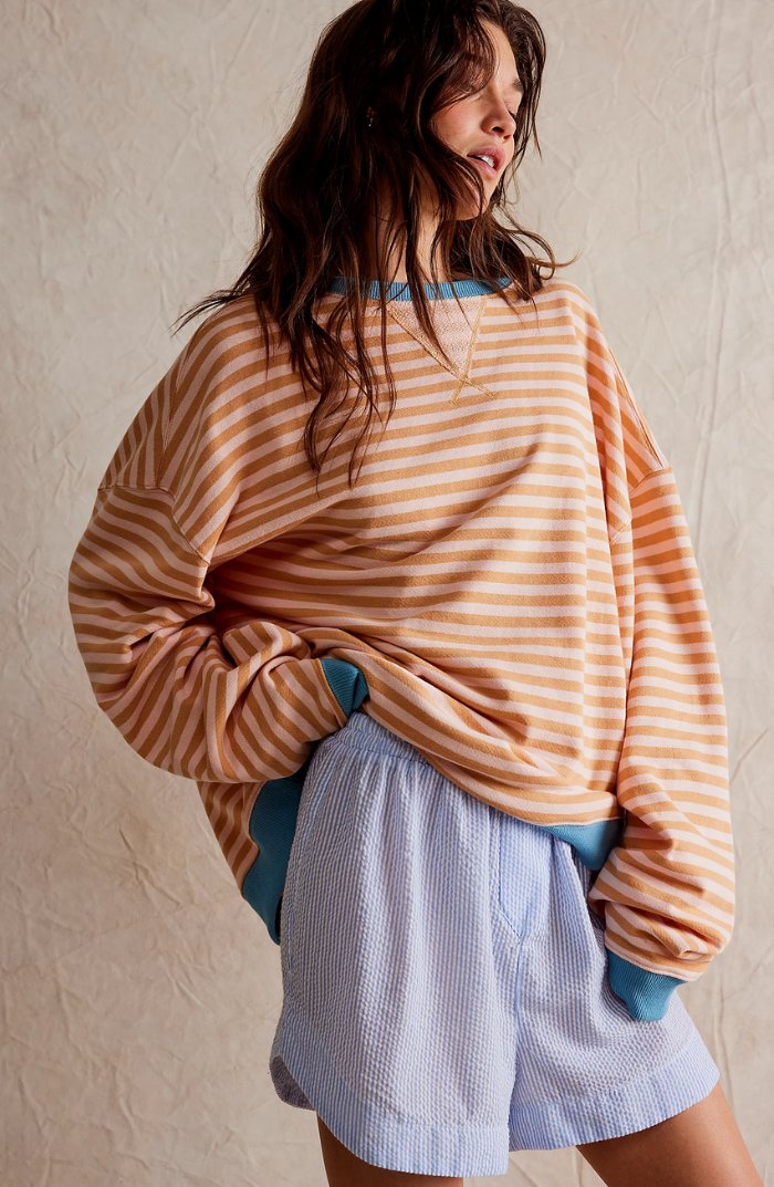 Victoria | Women's Oversized Drop-Shoulder Striped Contrast-Trim Sweatshirt