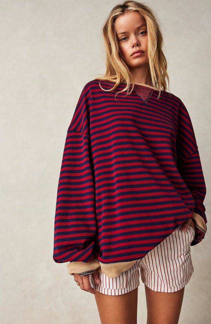 Victoria | Women's Oversized Drop-Shoulder Striped Contrast-Trim Sweatshirt