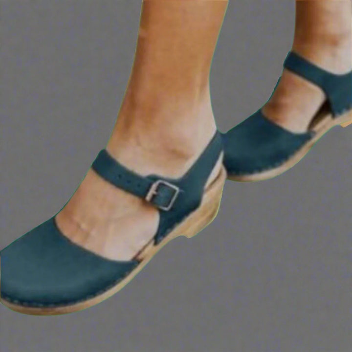 Grace | Women's Platform Clogs Wooden Heel Closed Toe Ankle Strap