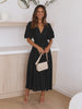Eleanor | Robe Midi Femme à Col V avec Manches Bouffantes et Taille Smockée